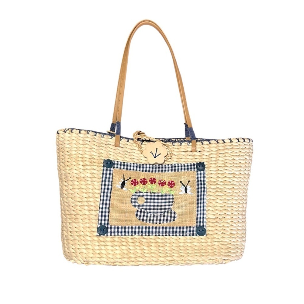 Breckenridge Straw Tote with Teacup Design Appliqué